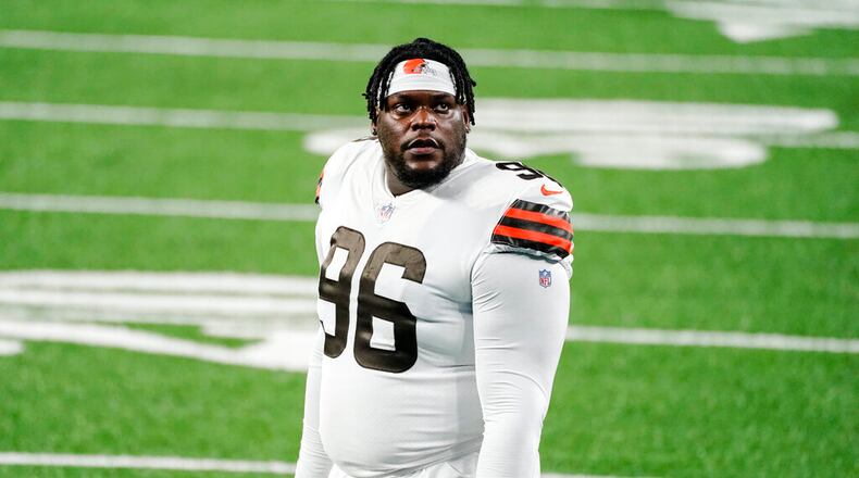 Cleveland Browns defensive tackle Vincent Taylor (96) before an NFL football game against the New York Giants Sunday, Dec. 20, 2020, in East Rutherford, N.J. (AP Photo/Corey Sipkin)