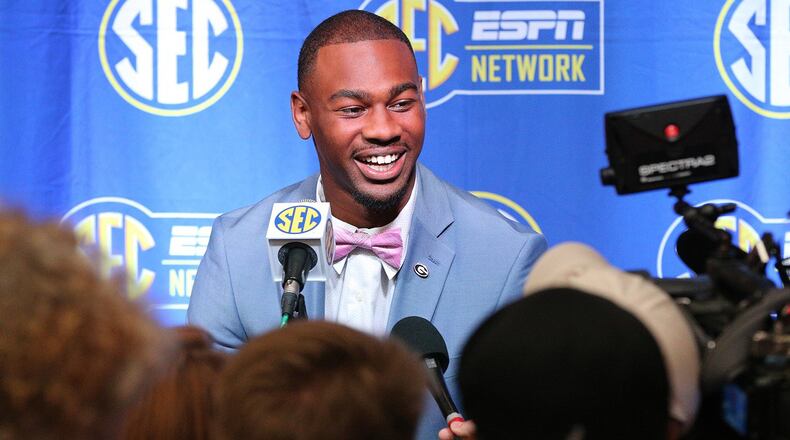 Georgia wide receiver Terry Godwin takes questions during his SEC Media Days news conference at the College Football Hall of Fame on Tuesday, July 17, 2018, in Atlanta. Curtis Compton/ccompton@ajc.com