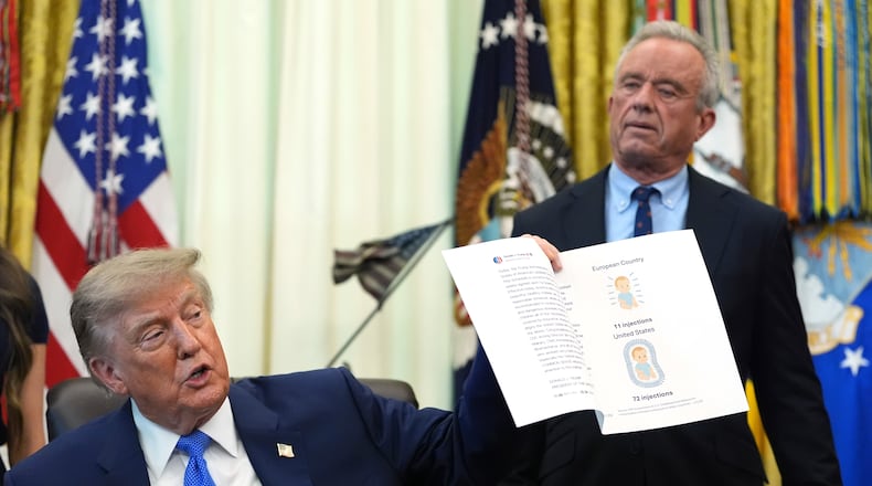FILE - President Donald Trump holds up an image taken from his Truth Social account as Health and Human Services Secretary Robert F. Kennedy Jr. watches during a meeting to sign an executive order about vaccines, Monday, Aug. 10, 2026, in the Oval Office of the White House in Washington. (AP Photo/Jacquelyn Martin, File)