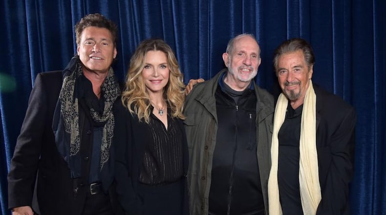 Steven Bauer, left, Michelle Pfeiffer, Brian De Palma and Al Pacino attended the "Scarface" 35th Anniversary cast reunion at the Tribeca Film Festival in New York,