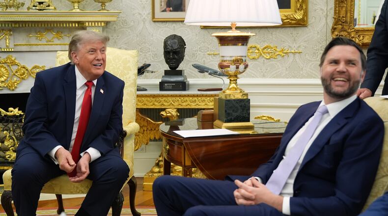 President Donald Trump and Vice President JD Vance smile during a meeting with NATO Secretary General Mark Rutte in the Oval Office at the White House, Wednesday, June 24, 2026, in Washington. (AP Photo/Jacquelyn Martin)