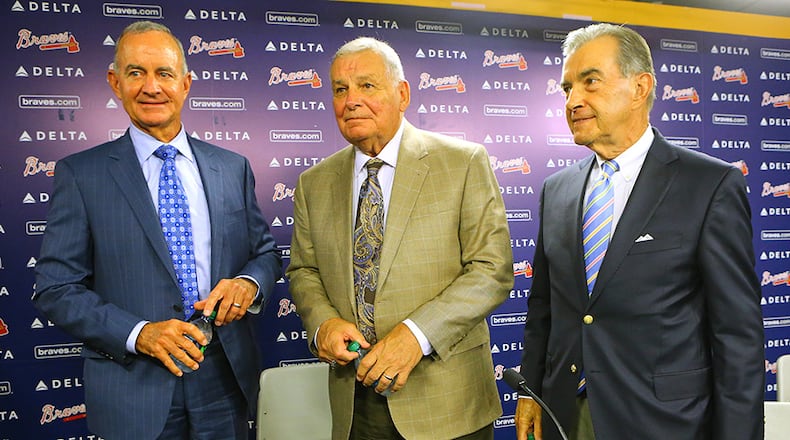 092214 Atlanta: Braves interim General Manager John Hart (from left), longtime former manager Bobby Cox, and President John Schuerholz, who will makeup a 3 person transition team, conclude a press conference after the team fired General Manager Frank Wren on Monday, Sept. 22, 2014, in Atlanta. CURTIS COMPTON / CCOMPTON@AJC.COM Maybe Braves, with John Hart, Bobby Cox and John Schuerholz, need a fresh set of eyes in GM position. (Curtis Compton)