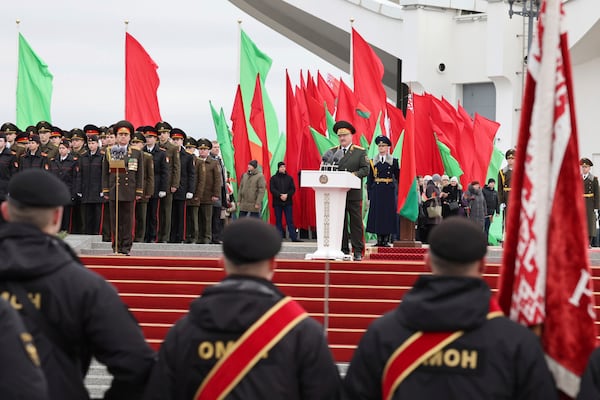 In this photo, released by Belarus' Presidential Press Service, Belarusian President Alexander Lukashenko attends a ceremony of military personnel taking the oath of allegiance to the Belarusian people and the President of the Republic of Belarus after his inauguration in Minsk, Belarus, Tuesday, March 25, 2025. (Belarus' Presidential Press Service via AP)