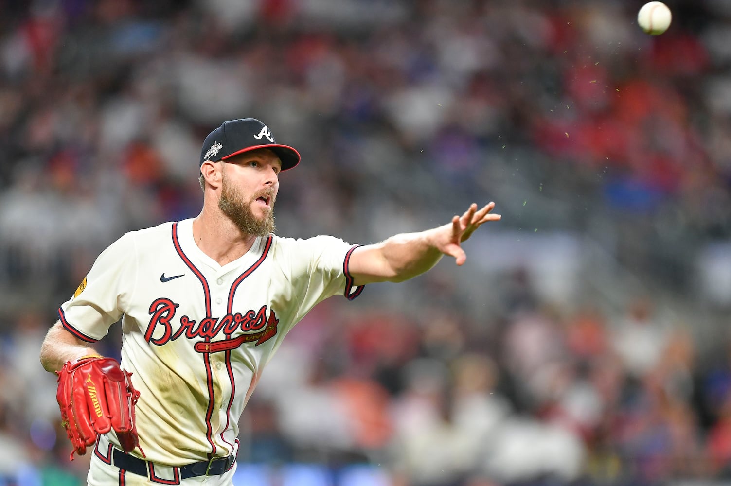 Atlanta Braves pitcher Chris Sale (51) fields a ground ball throwing Mets outfielder Juan Soto (22) out at first during the ninth inning of a MLB game Wednesday, June 18, 2025 at Truist Park. (Daniel Varnado/For the Atlanta Journal-Constitution)