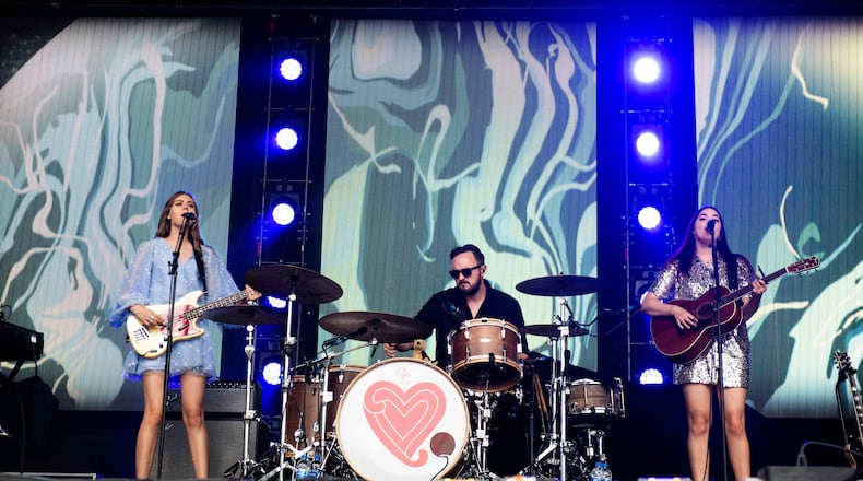 Johanna Soderberg (left), and Klara Soderberg (right) of First Aid Kit perform during Music Midtown at Piedmont Park on Saturday, Sept. 15, 2018, in Atlanta. (Photo by Paul R. Giunta/Invision/AP)