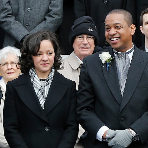 FILE - Lt. Gov. Justin Fairfax, right, and his wife, Cerina, at the inauguration of Gov. Ralph Northam at the Capitol in Richmond, Va., Saturday, Sept. 13, 2018. (AP Photo/Kevin Morley, File)