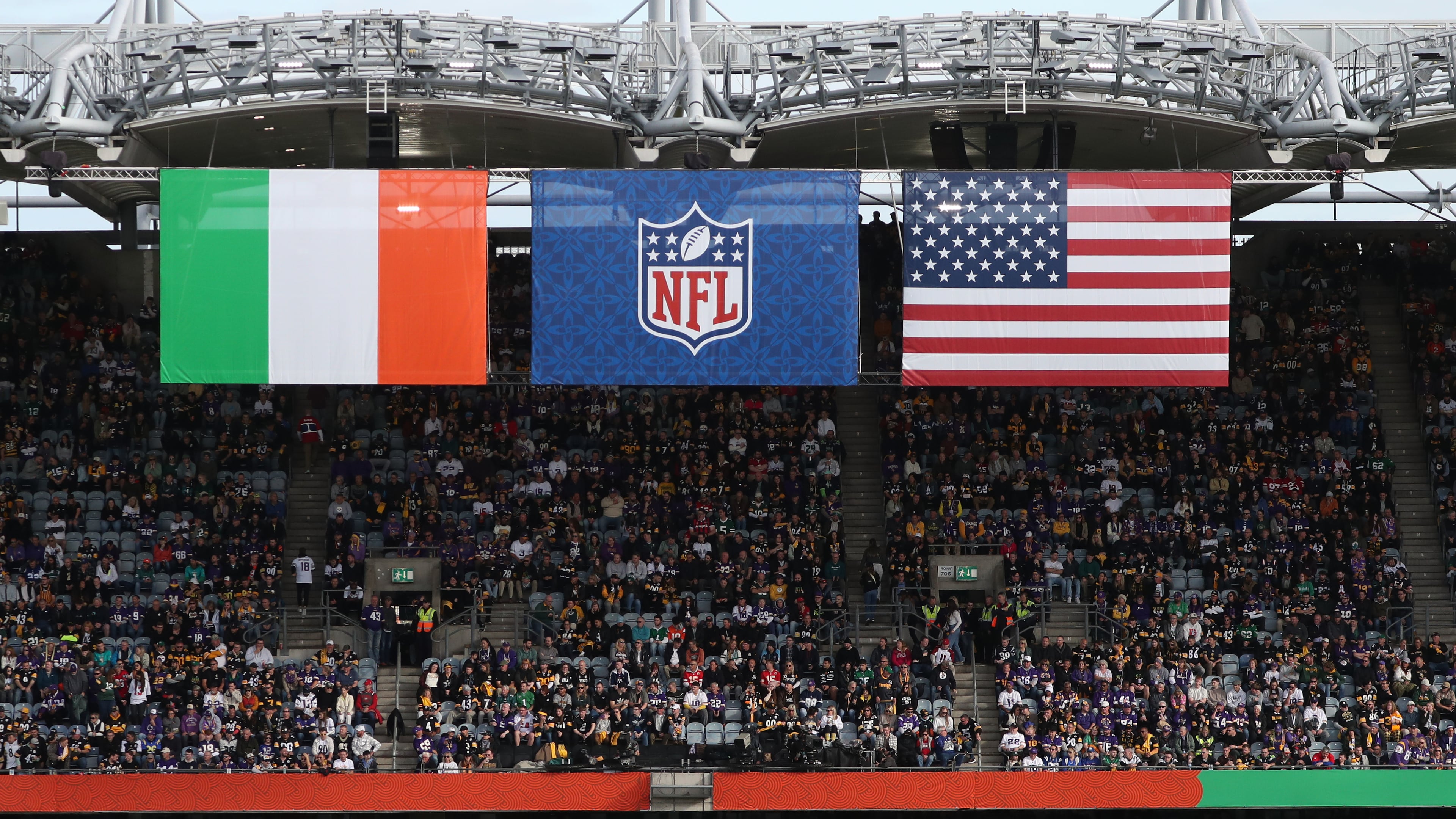 Supporters sit in the stands during the NFL football game between Minnesota Vikings and Pittsburgh Steelers at Croke Park stadium in Dublin, Sunday, Sept. 28, 2025.(AP Photo/Peter Morrison)