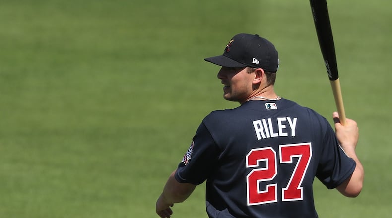 Atlanta Braves infielder Austin Riley finishes up batting practice during team practice Feb. 24, 2021, at CoolToday Park in North Port, Fla. (Curtis Compton / Curtis.Compton@ajc.com)