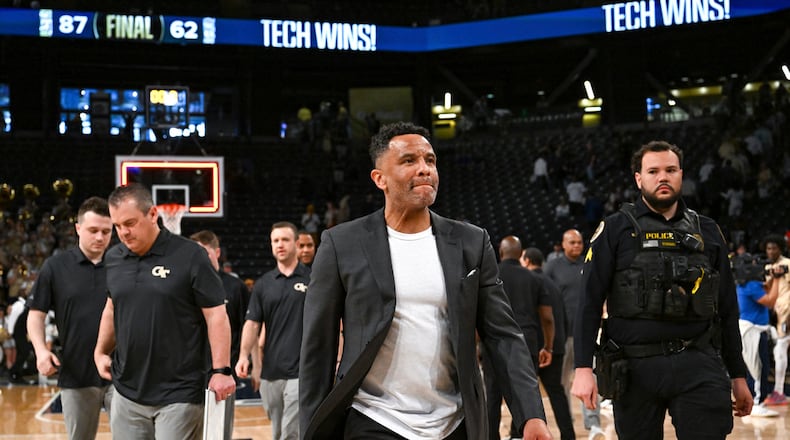 Georgia Tech head coach Damon Stoudamire reacts following the conclusion of the college basketball game between the North Carolina State Wolfpack and the Georgia Tech Yellow Jackets on March 1, 2025, at Hank McCamish Pavilion in Atlanta, Ga. (Rich von Biberstein/Icon Sportswire via AP)