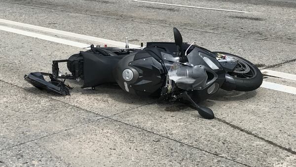 The motorcycle that crashed when a portion of I-20 West buckled April 17, 2017. (Eric Stirgus / ERIC.STIRGUS@AJC.com)