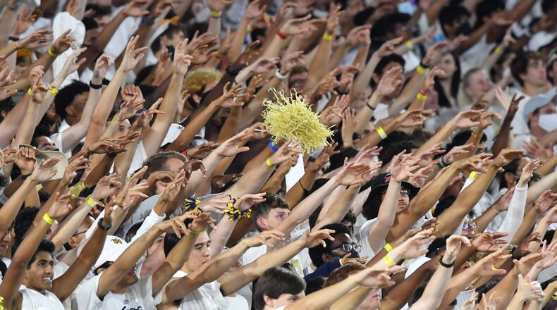 Georgia Tech fans cheer for their team during the second half of an NCAA college football game at Georgia Tech's Bobby Dodd Stadium in Atlanta on Saturday, September 4, 2021. Northern Illinois won 22-21 over Georgia Tech(Hyosub Shin / Hyosub.Shin@ajc.com)