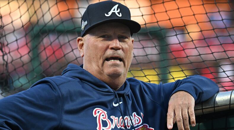 Atlanta Braves manager Brian Snitker  prior to Game 4 of the 2023 National League Division Series at Citizens Bank Park, Thursday, Oct. 12, 2023, in Philadelphia. (Hyosub Shin / Hyosub.Shin@ajc.com)