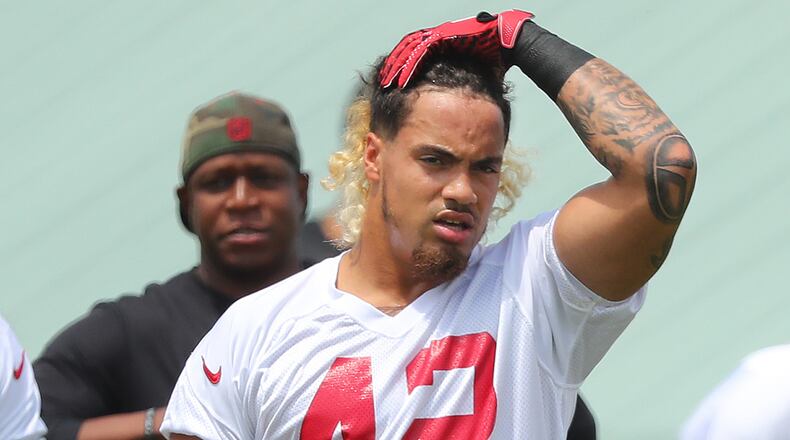 Falcons rookie linebacker Duke Riley, LSU, prepares to stretch during warmups at rookie mini-camp on Friday, May 12, 2017, in Flowery Branch. Curtis Compton/ccompton@ajc.com