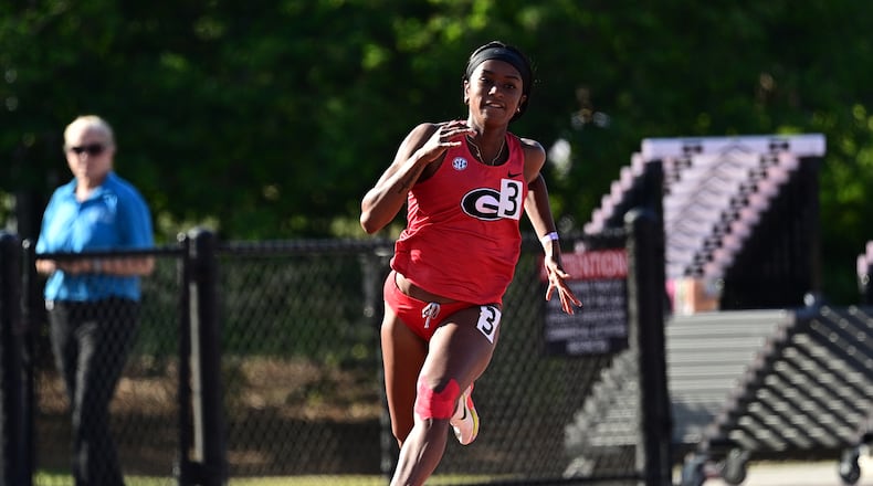 Destiny Jackson runs during the Torrin Lawrence Memorial at Spec Towns Track in Athens, Ga., on Friday, April 29, 2022.  (photo by Rob Davis/UGA Athletics)