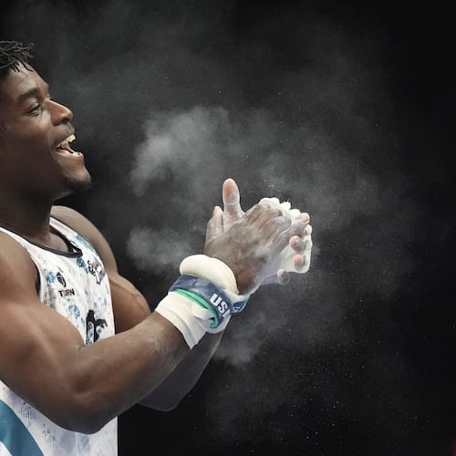 Fred Richard smiles after competing in the men's rings during the U.S. Gymnastics Championships, Thursday, Aug. 6, 2026, in Phoenix. (AP Photo/Ross D. Franklin)