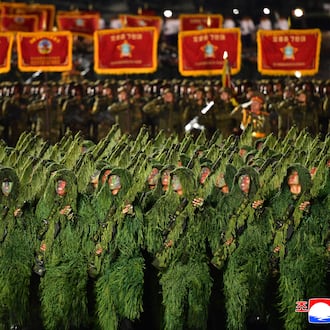 In this photo provided by North Korean government, soldiers march during the military parade marking the 80th anniversary of the founding of the ruling Worker's Party, in Pyongyang, North Korea, Friday, Oct. 10, 2025. Independent journalists were not given access to cover the event depicted in this image distributed by the North Korean government. The content of this image is as provided and cannot be independently verified. Korean language watermark on image as provided by source reads: "KCNA" which is the abbreviation for Korean Central News Agency. (Korean Central News Agency/Korea News Service via AP)