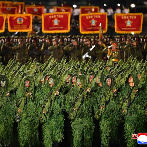 In this photo provided by North Korean government, soldiers march during the military parade marking the 80th anniversary of the founding of the ruling Worker's Party, in Pyongyang, North Korea, Friday, Oct. 10, 2025. Independent journalists were not given access to cover the event depicted in this image distributed by the North Korean government. The content of this image is as provided and cannot be independently verified. Korean language watermark on image as provided by source reads: "KCNA" which is the abbreviation for Korean Central News Agency. (Korean Central News Agency/Korea News Service via AP)