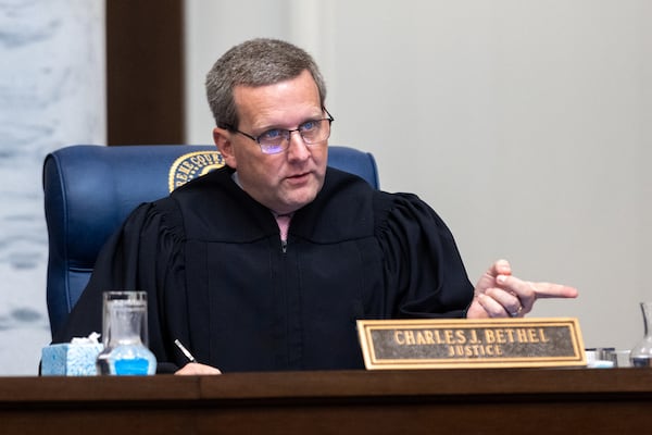Georgia Supreme Court Justice Charles Bethel speaks during a session in September 2024. He questioned the companies’ argument that the first sale of a product triggers liability tied to any subsequent sale of the product. (Arvin Temkar/AJC)