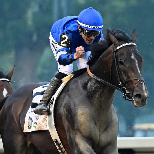 FILE - Jockey Junior Alvarado reacts aboard Sovereignty (2), as he crosses the finish line aboard Sovereignty (2) ahead of Journalism (7), with jockey Umberto Rispoli up, to win the 157th running of the Belmont Stakes horse race, Saturday, June 7, 2025, in Saratoga Springs, N.Y. (AP Photo/Jessica Hill, file)
