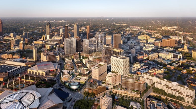 California-based developer CIM Group wants to build a 40-acre mixed-use project on top of the railroad lines and parking lots between Mercedes-Benz Stadium, left, and the Five Points MARTA station. CIM plans to re-brand the Gulch as Centennial Yards to reflect the site’s proximity to Centennial Olympic Park and its history as a crucial rail junction in downtown. SPECIAL