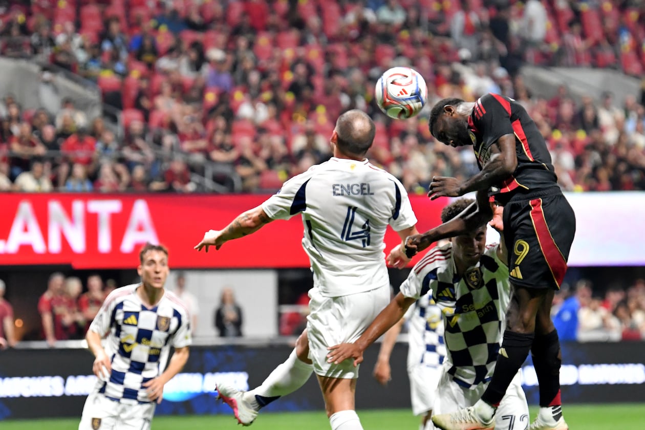 Atlanta United forward Emmanuel Latte Lath (9) deflects a shot during the second half in the team's home opener against Real Salt Lake at Mercedes-Benz Stadium on Saturday, March 7, 2026. Real Salt Lake won 3-2. (Hyosub Shin/AJC)