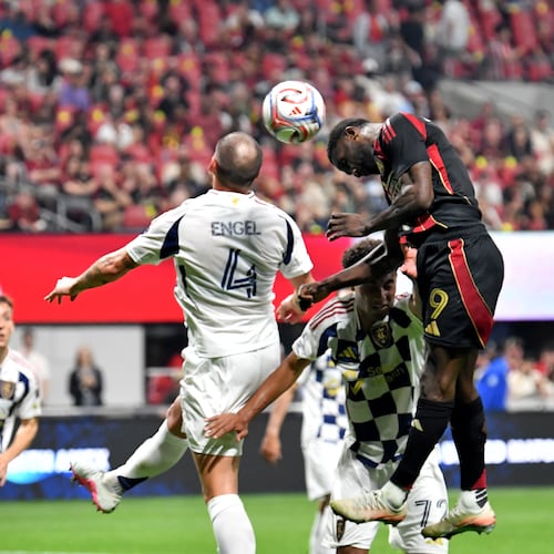Atlanta United forward Emmanuel Latte Lath (9) deflects a shot during the second half in the team's home opener against Real Salt Lake at Mercedes-Benz Stadium on Saturday, March 7, 2026. Real Salt Lake won 3-2. (Hyosub Shin/AJC)