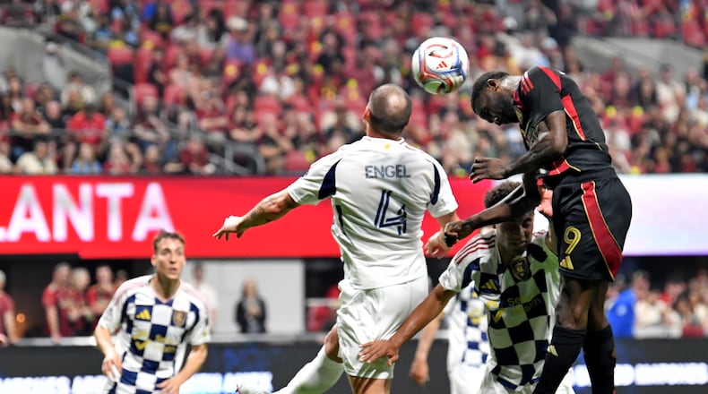 Atlanta United forward Emmanuel Latte Lath (9) deflects a shot during the second half in the team's home opener against Real Salt Lake at Mercedes-Benz Stadium on Saturday, March 7, 2026. Real Salt Lake won 3-2. (Hyosub Shin/AJC)