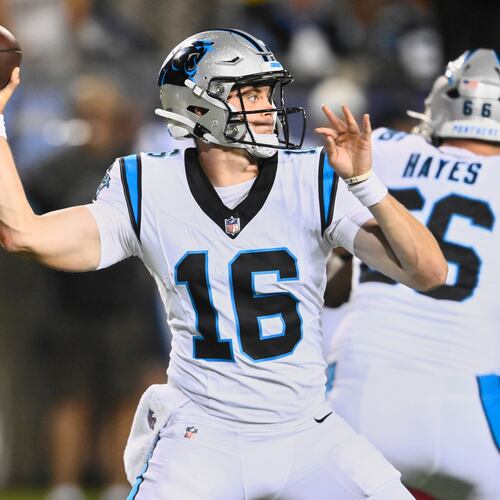 Carolina Panthers quarterback Haynes King (16) passes in the second half of the Pro Football Hall of Fame NFL preseason game against the Arizona Cardinals in Canton, Ohio, Thursday, Aug. 6, 2026. (AP Photo/David Richard)