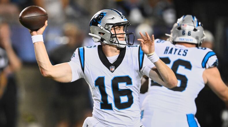 Carolina Panthers quarterback Haynes King (16) passes in the second half of the Pro Football Hall of Fame NFL preseason game against the Arizona Cardinals in Canton, Ohio, Thursday, Aug. 6, 2026. (AP Photo/David Richard)