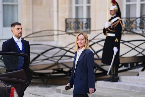 Italy's Prime Minister Giorgia Meloni departs after a summit on Ukraine at the Elysee Palace in Paris, Thursday, March 27, 2025 . (AP Photo/Thibault Camus)