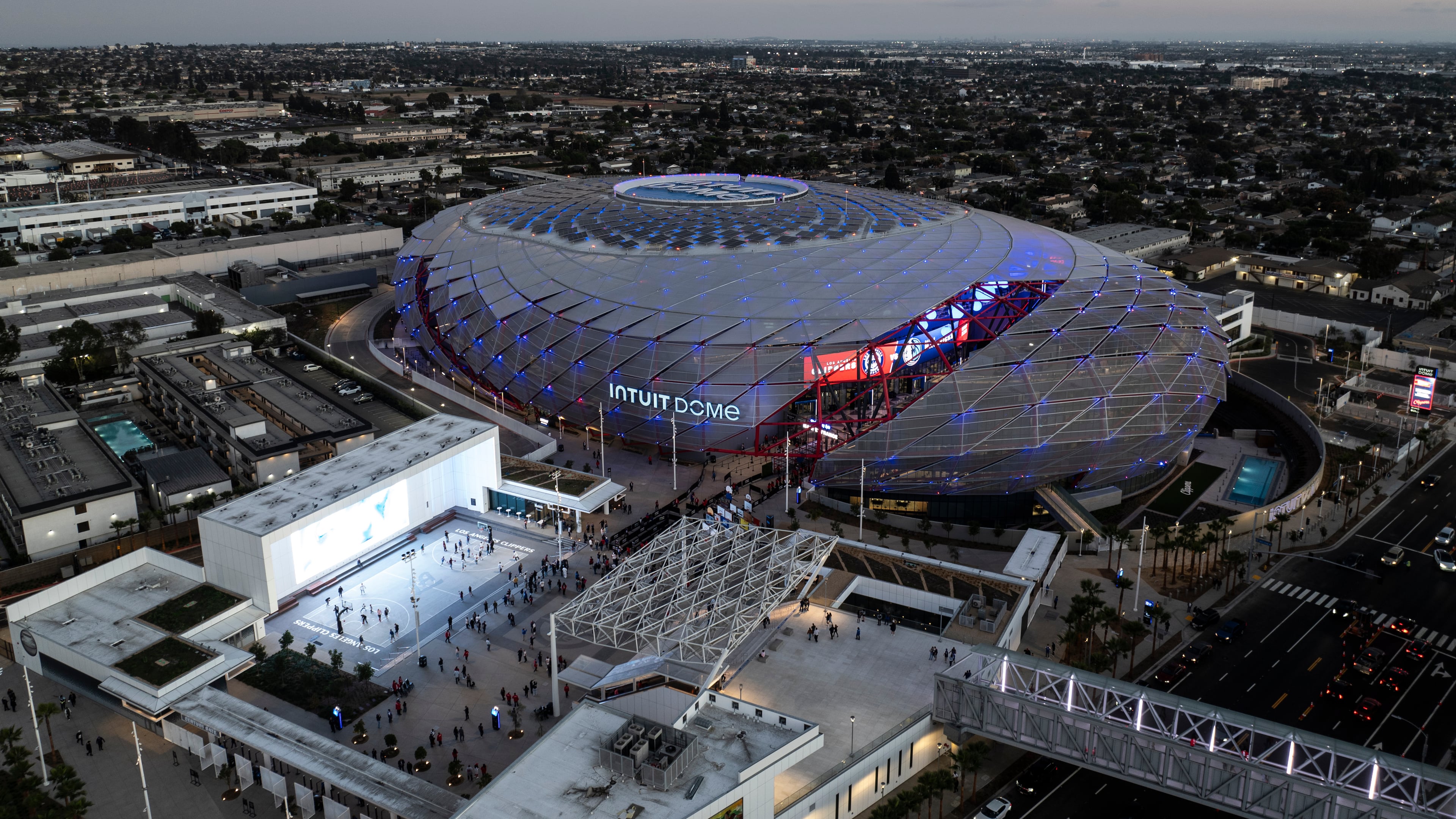 FILE - An aerial view shows the Intuit Dome, the new home of the Los Angeles Clippers, Monday, Oct. 14, 2024, in Inglewood, Calif.(AP Photo/Jae C. Hong, file)