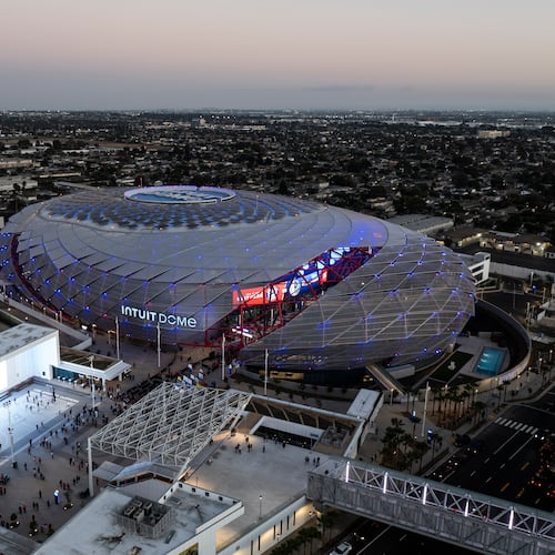 FILE - An aerial view shows the Intuit Dome, the new home of the Los Angeles Clippers, Monday, Oct. 14, 2024, in Inglewood, Calif.(AP Photo/Jae C. Hong, file)