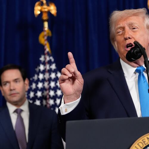 President Donald Trump speaks during a news conference at Mar-a-Lago, Saturday, Jan. 3, 2026, in Palm Beach, Fla., as Secretary of State Marco Rubio listens. (AP Photo/Alex Brandon)