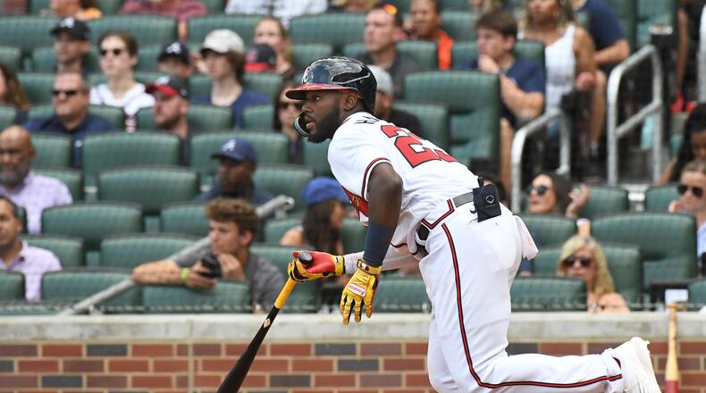 Atlanta Braves outfielder Michael Harris hit his first MLB home run Monday against the host Nationals. (Hyosub Shin / Hyosub.Shin@ajc.com)