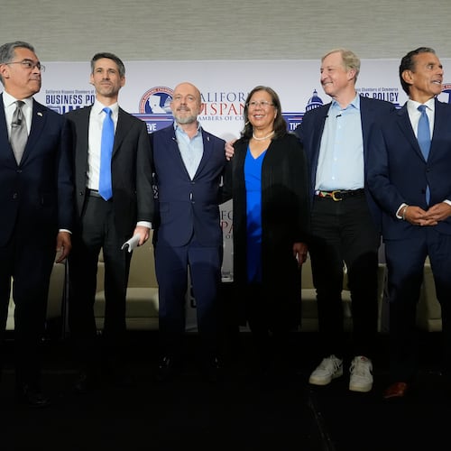 From left, Xavier Becerra, Matt Mahan, Steve Hilton, Betty Yee, Tom Steyer and Antonio Villaraigosa pose during a gubernatorial candidate forum in Sacramento, Calif., Tuesday, April 14, 2026. (AP Photo/Godofredo A. Vásquez)