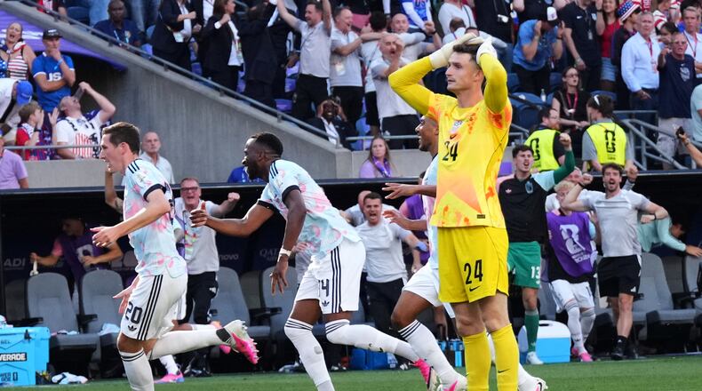 United States goalkeeper Matt Freese (24) reacts after Belgium scores their third goal during the World Cup round of 16 soccer match in Seattle, Monday, July 6, 2026. (AP Photo/Ted S. Warren)