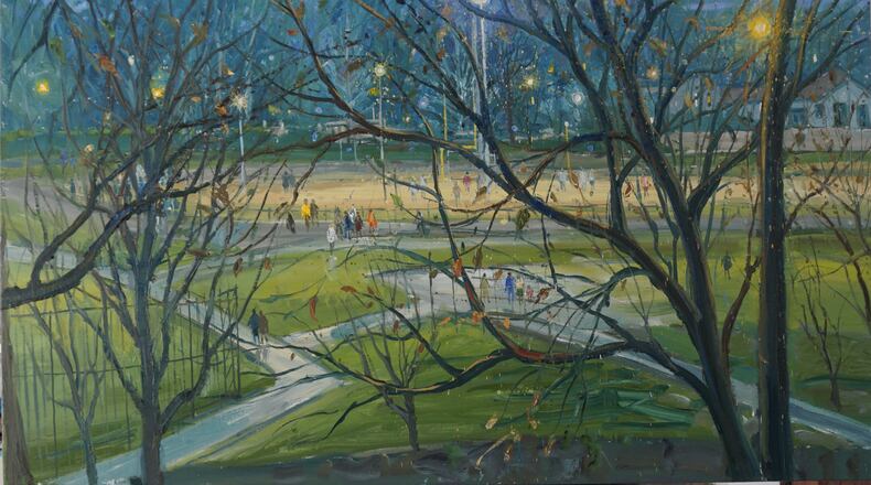 "Playing Fields at Lakebottom Park" by Bruno Zupan depicts a park in Columbus.