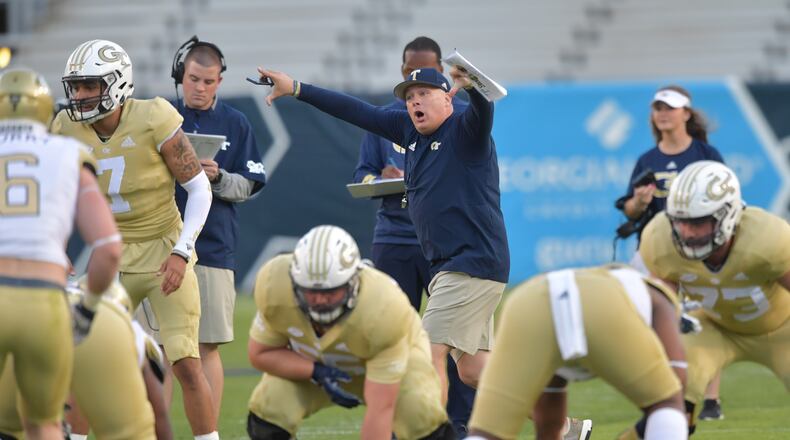 Georgia Tech head coach Geoff Collins shouts instructions during the spring game. HYOSUB SHIN / HSHIN@AJC.COM