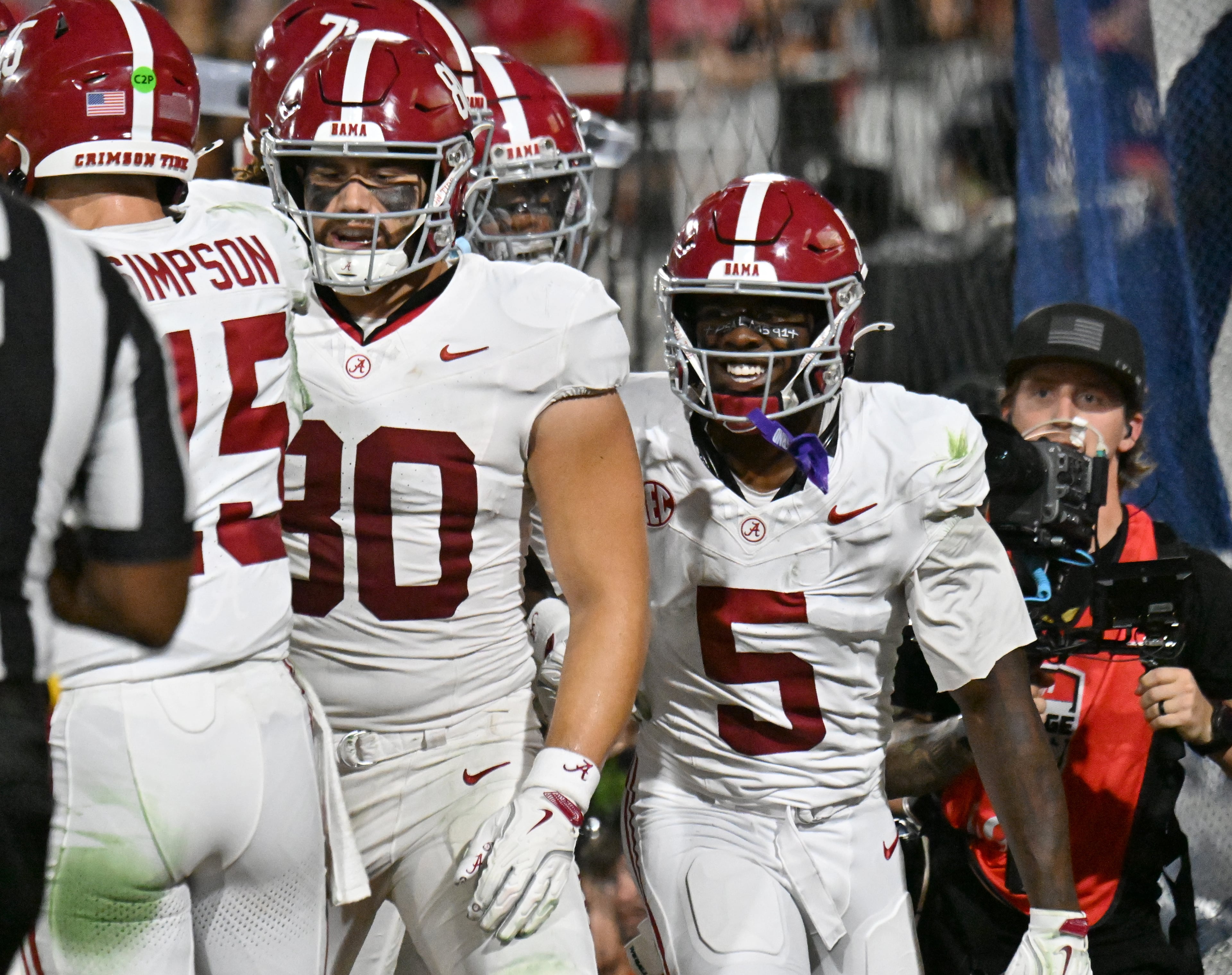 Alabama wide receiver Germie Bernard (5) celebrates after scoring a touchdown during the first half in an NCAA football game at Sanford Stadium, Saturday, September 27, 2025, in Athens. (Hyosub Shin / AJC)