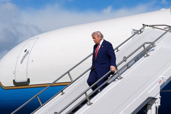 President Donald Trump arrives on Air Force One at Morristown Municipal Airport in Morristown, N.J., Friday, May 23, 2025. (AP Photo/Manuel Balce Ceneta)