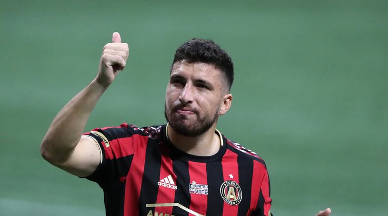 Atlanta United midfielder Eric Remedi celebrates a 2-0 victory over Cincinnati in the final regular season home game of the season Sunday, Nov. 1, 2020, at Mercedes-Benz Stadium in Atlanta. (Curtis Compton / Curtis.Compton@ajc.com)