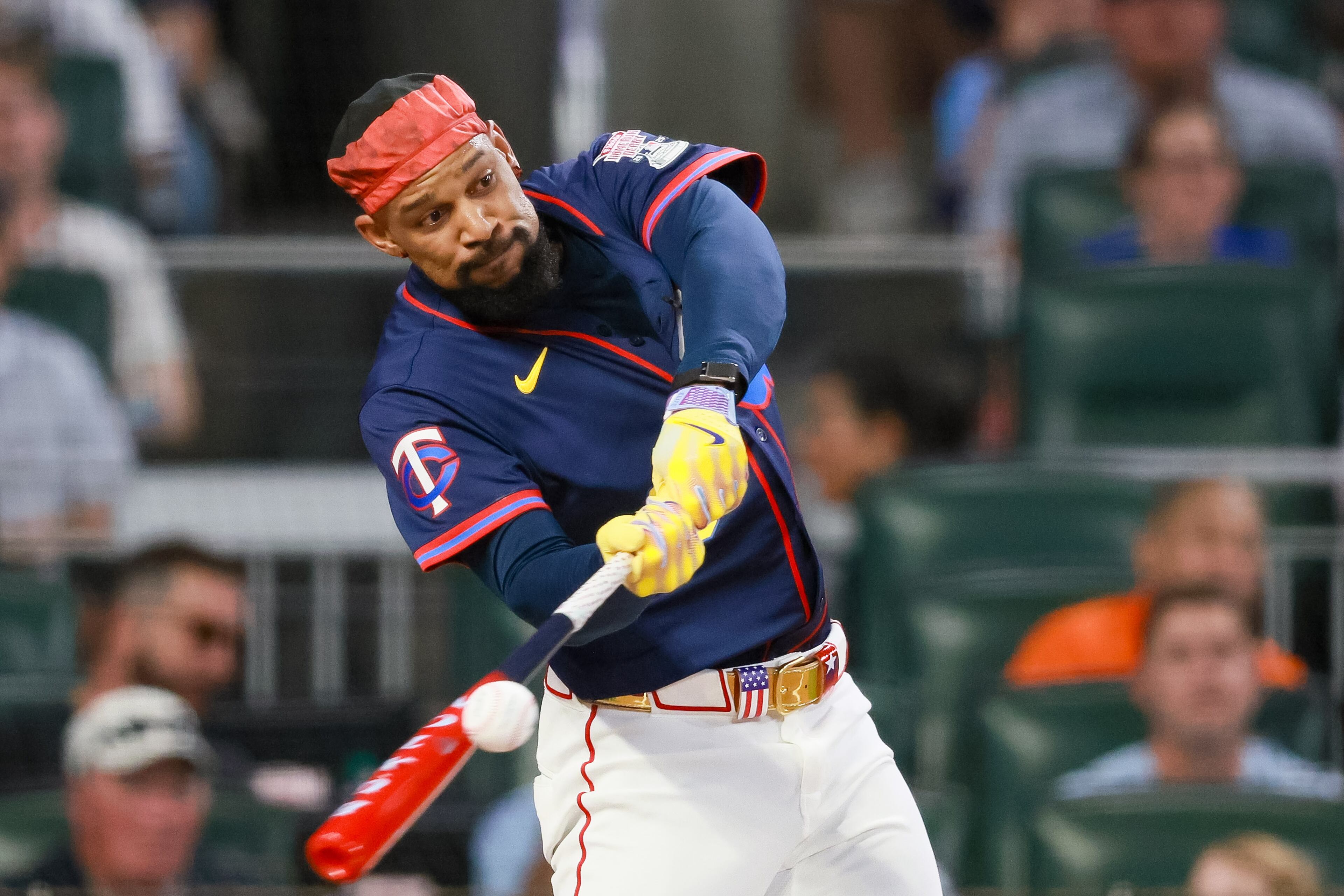 Minnesota Twins center fielder Byron Buxton (25) hits a home run during the MLB Home Run Derby as part of the All-Star Game festivities on Monday, July 14, 2025 at Truist Park in Atlanta. Jason Getz / AJC