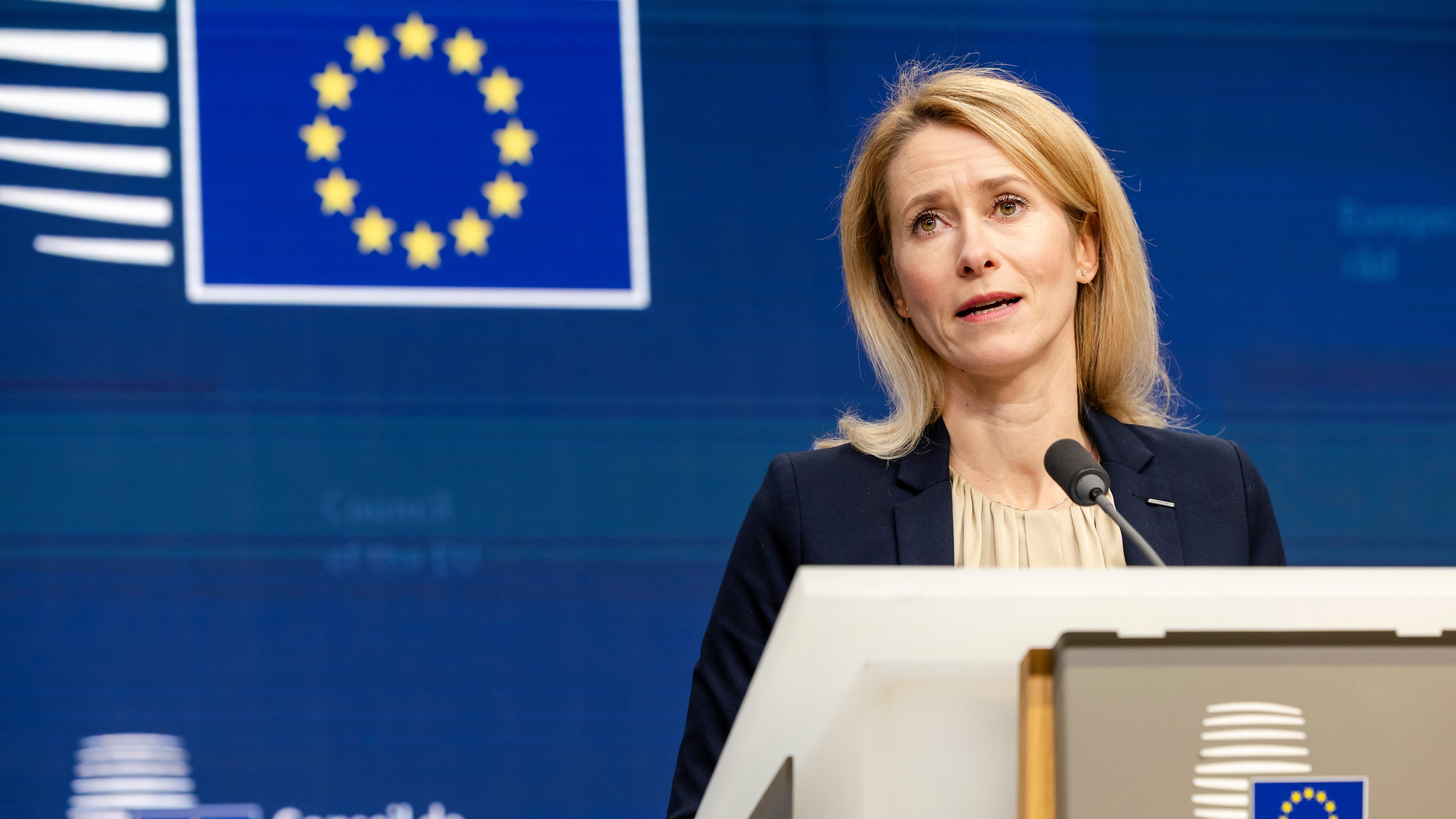 European Union foreign policy chief Kaja Kallas addresses the media after an EU general affairs meeting at the European Council building in Brussels, Thursday, Nov. 20, 2025. (AP Photo/Geert Vanden Wijngaert)