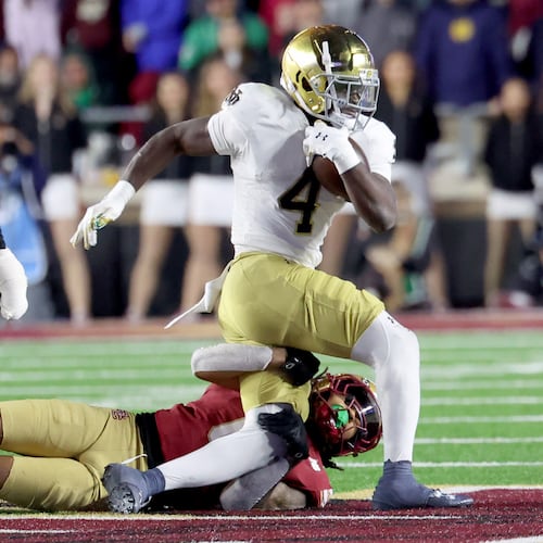 Notre Dame running back Jeremiyah Love (4) and the Irish figure to benefit most from top 10 teams Vanderbilt, Georgia Tech and Miami losing on Saturday. Notre Dame in the race for a spot in the 12-team College Football Playoff field. (AP Photo/Mark Stockwell)