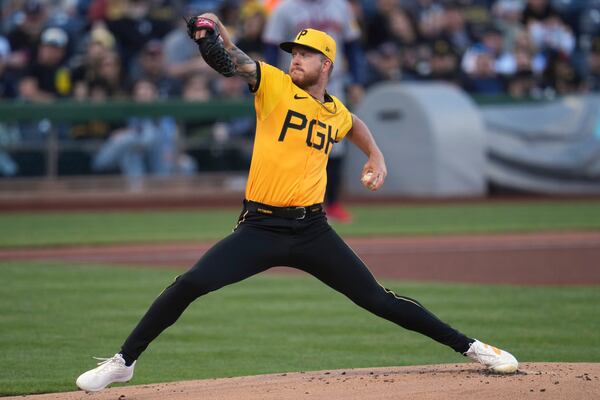 Pittsburgh Pirates pitcher Bailey Falter delivers during the first inning of a baseball game against the Atlanta Braves in Pittsburgh, Friday, May 9, 2025. (AP Photo/Gene J. Puskar)