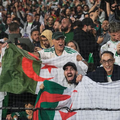 Algeria fans cheer their team during the international friendly soccer match between Netherlands and Algeria in Rotterdam, Netherlands, Wednesday, June 3, 2026. (AP Photo/ Patrick Post)