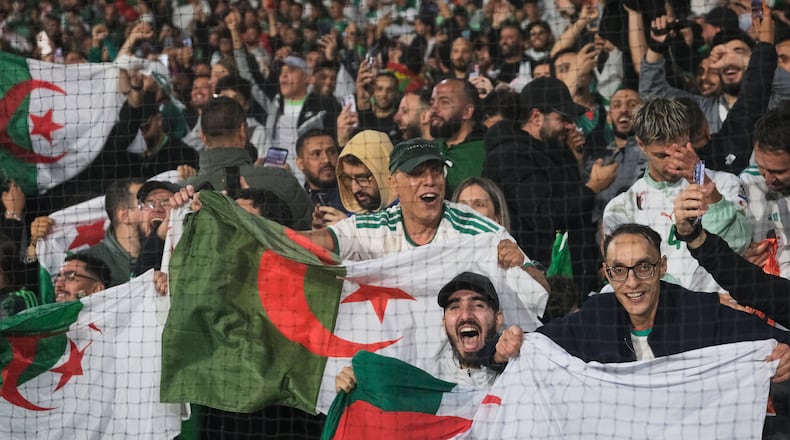 Algeria fans cheer their team during the international friendly soccer match between Netherlands and Algeria in Rotterdam, Netherlands, Wednesday, June 3, 2026. (AP Photo/ Patrick Post)