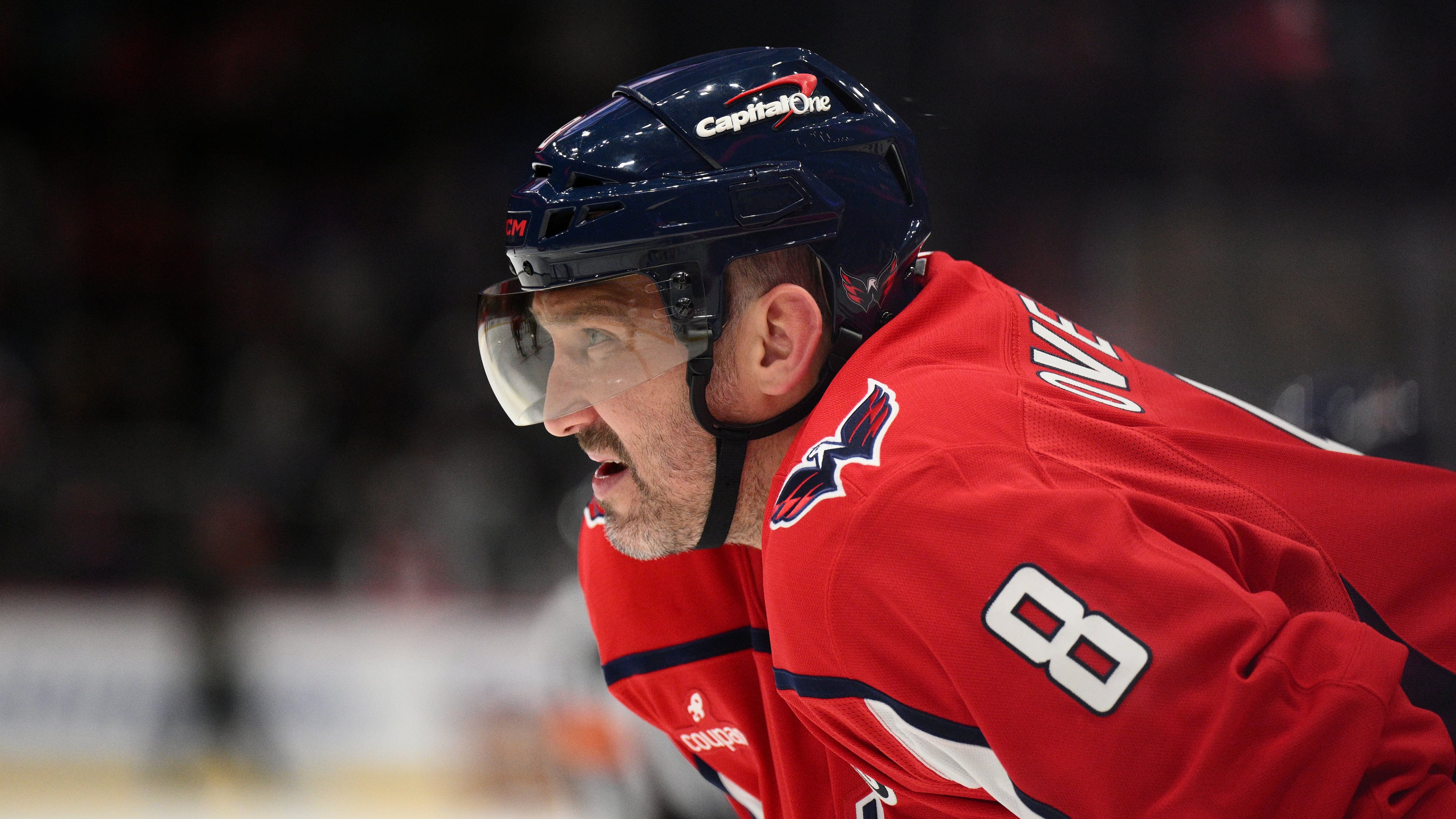 FILE - Washington Capitals left wing Alex Ovechkin (8) looks on during a break in the first period of an NHL preseason hockey game against the Boston Bruins, Thursday, October. 2, 2025, in Washington. (AP Photo/Nick Wass, File)