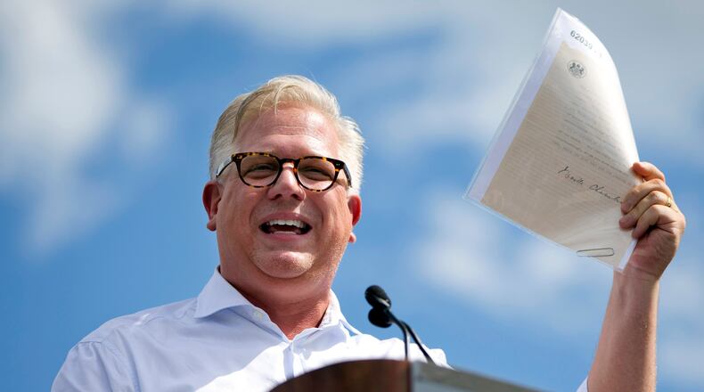 In this Sept. 9, 2015, file photo, radio host Glenn Beck speaks during a Tea Party rally against the Iran deal on the West Lawn of the Capitol in Washington. SiriusXM announced May 31, 2016, that Beck was being suspended over his comments in a May 25, 2016, interview with author Brad Thor.