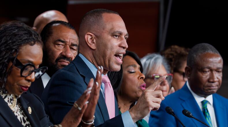House Minority Leader Hakeem Jeffries, D-N.Y., and members of the Congressional Black Caucus speak to reporters in the wake of the Supreme Court ruling to strike down a majority Black congressional district in Louisiana, at the Capitol in Washington, Wednesday, April 29, 2026. (AP Photo/J. Scott Applewhite)